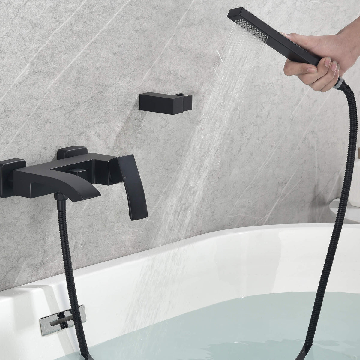 Matte Black Bathtub Wall-Mounted Faucet with Waterfall Spout