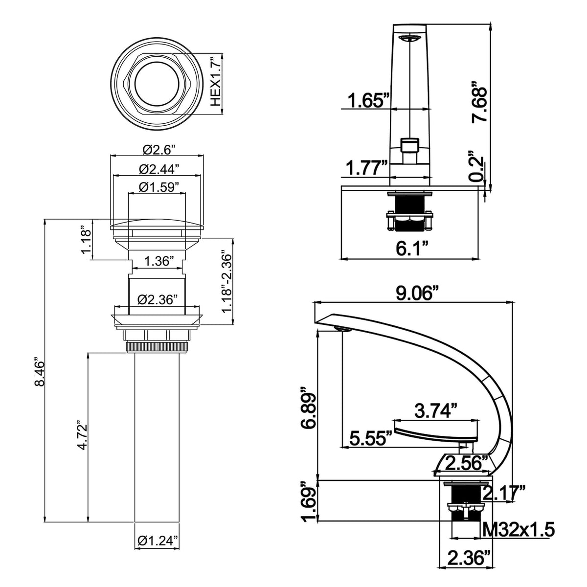 Curved Arch Spout Faucet with Drain Set