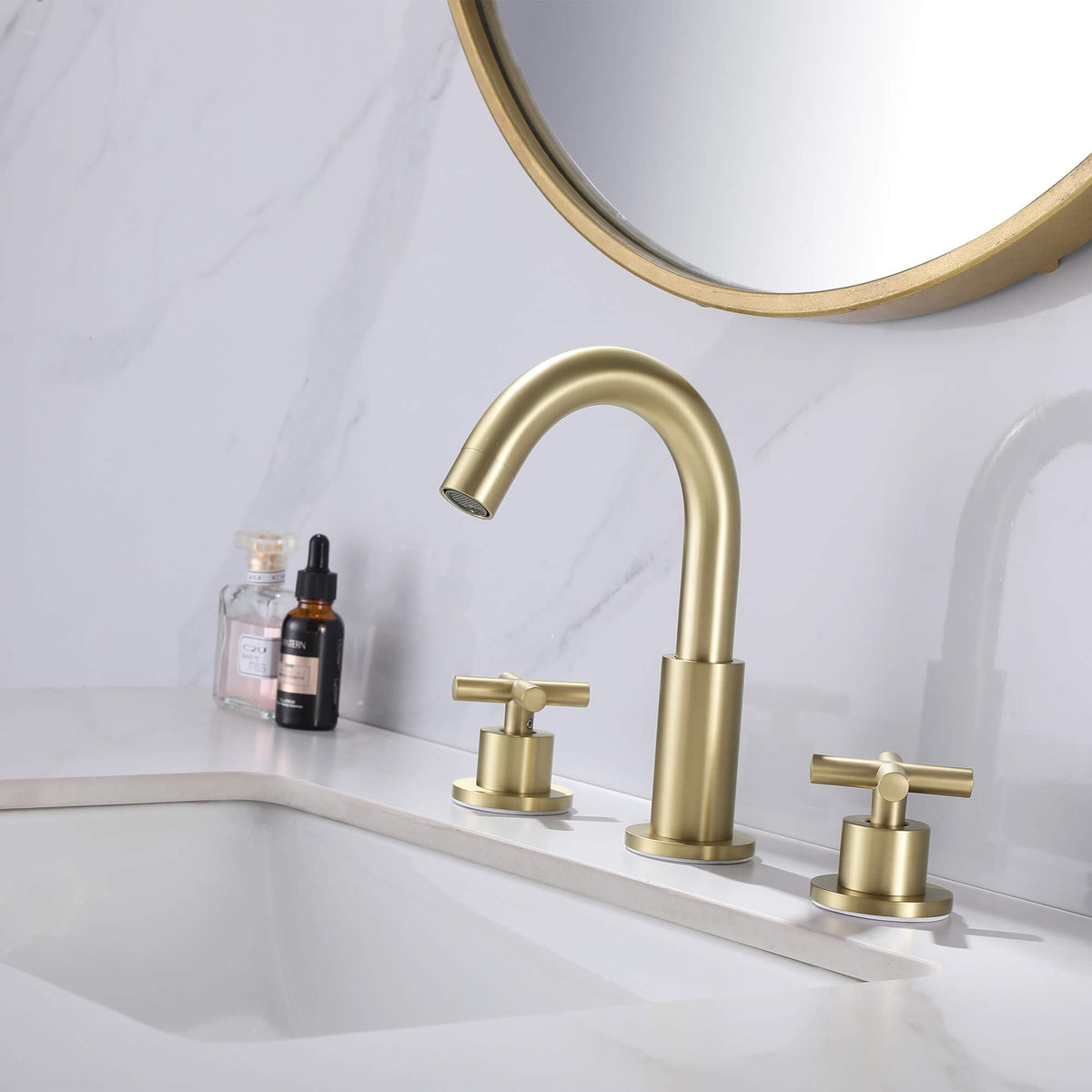 Widespread Bathroom Faucet with Dual Handles and Stainless Steel Pop-Up Drain
