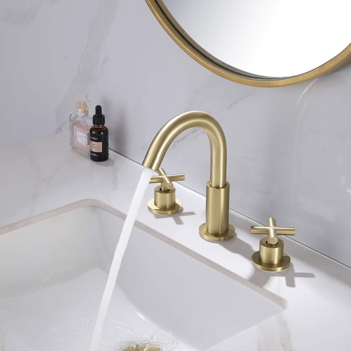 Widespread Bathroom Faucet with Dual Handles and Stainless Steel Pop-Up Drain