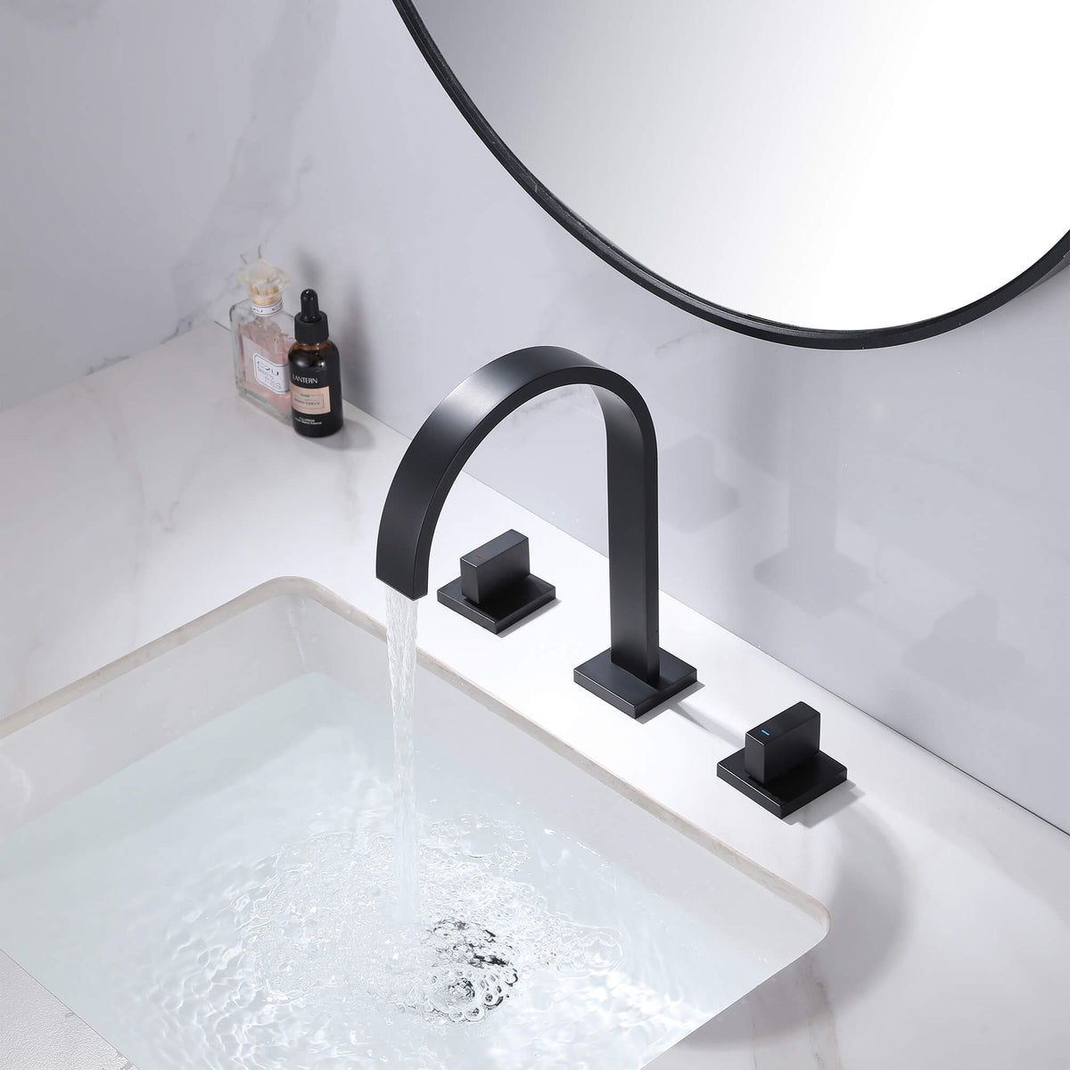 Widespread Bathroom Faucet with Square High-Arc Spout and Pop-Up Drain