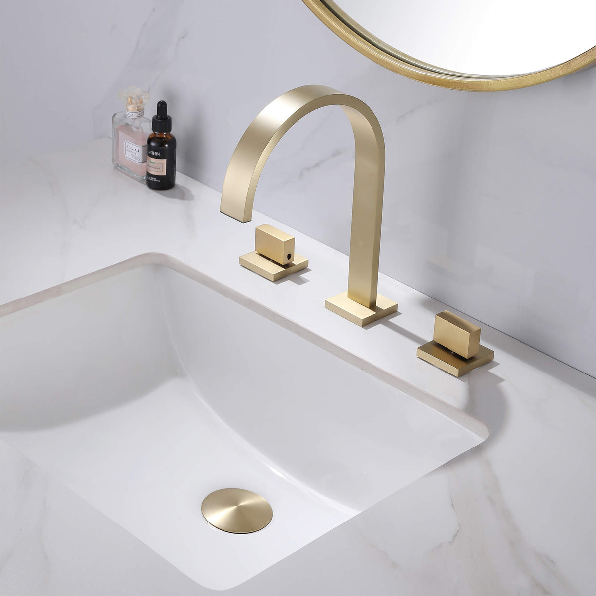 Widespread Bathroom Faucet with Square High-Arc Spout and Pop-Up Drain