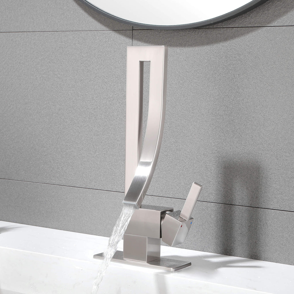 Modern Single Handle Vessel Sink Faucet with Curved Spout