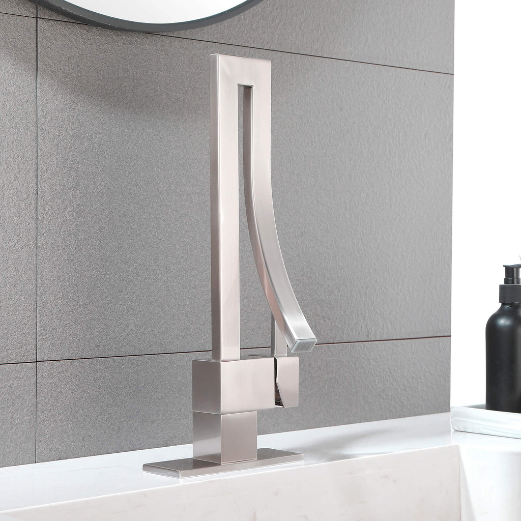 Modern Single Handle Vessel Sink Faucet with Curved Spout