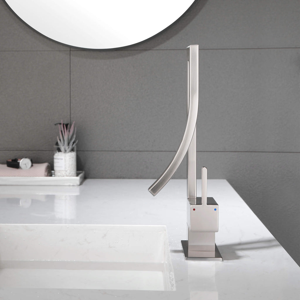 Modern Single Handle Vessel Sink Faucet with Curved Spout