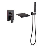 Wall-Mounted Waterfall Bathtub Faucet with Shelf and Handheld Shower