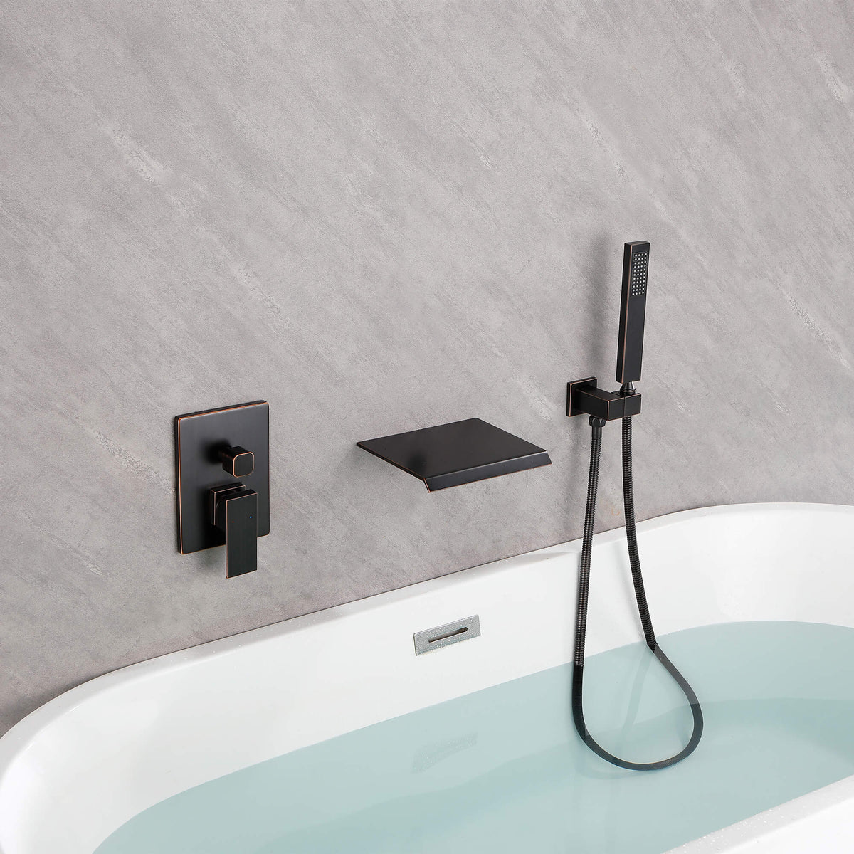 Wall-Mounted Waterfall Bathtub Faucet with Shelf and Handheld Shower