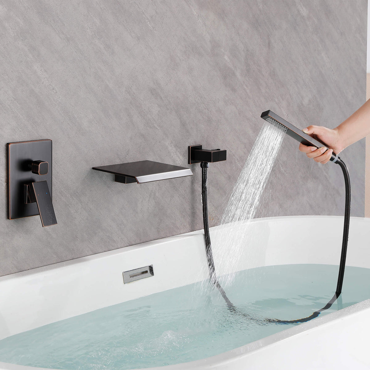 Wall-Mounted Waterfall Bathtub Faucet with Shelf and Handheld Shower