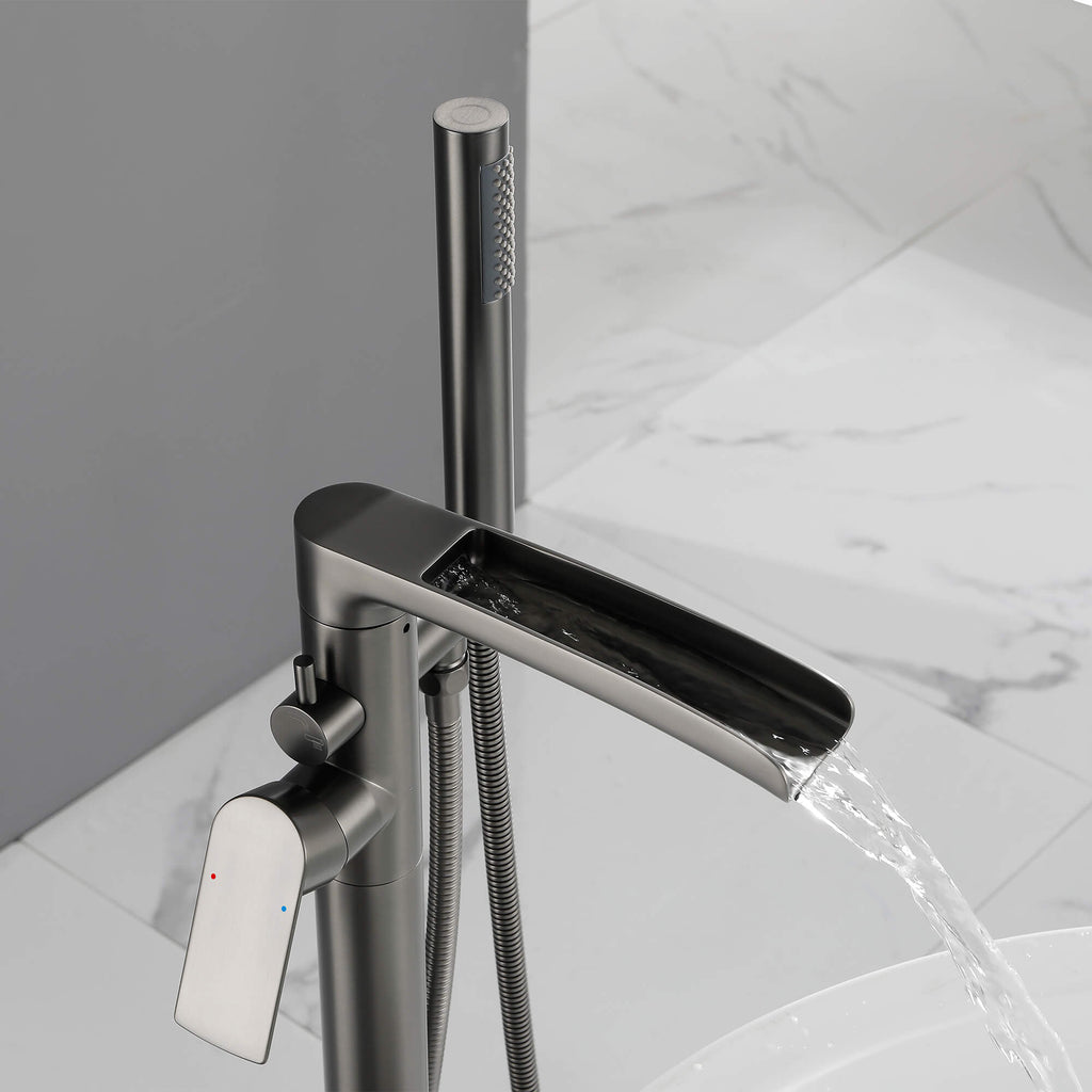 thumbnail image 2 of Gotonovo Freestanding Waterfall Bathtub Faucet, Floor Mounted Tub Filler With Hand Shower, Black Brass Finish, Vintage Style 2 of 4