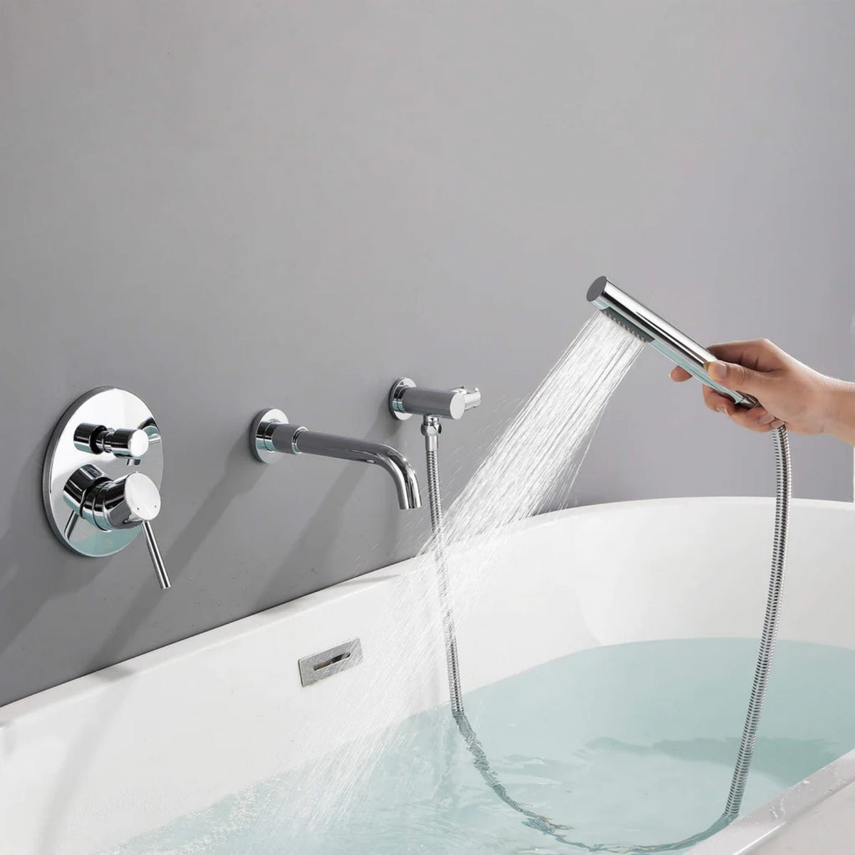 Wall-Mounted Tub Faucet with Integrated Handheld Shower