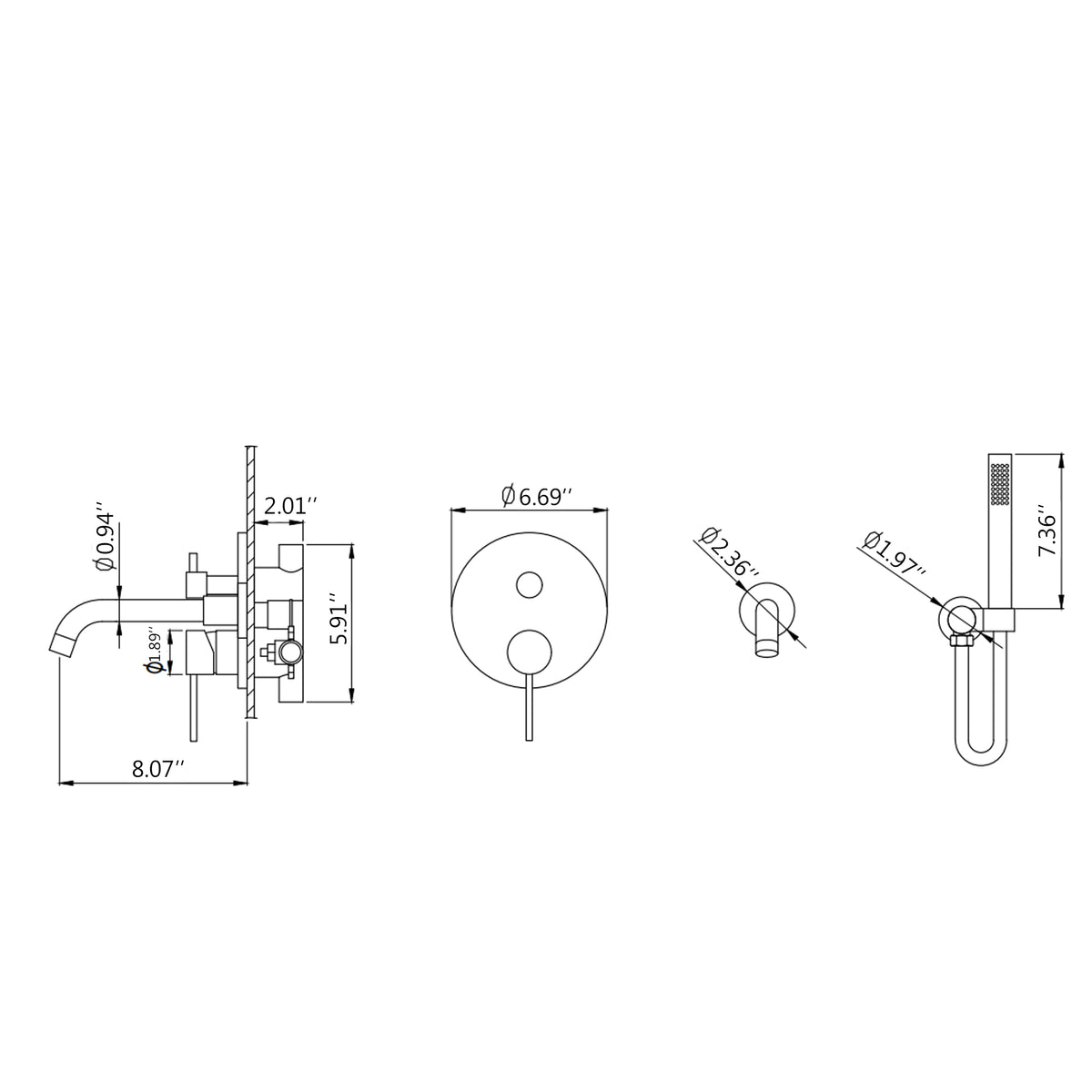 Wall-Mounted Tub Faucet with Integrated Handheld Shower
