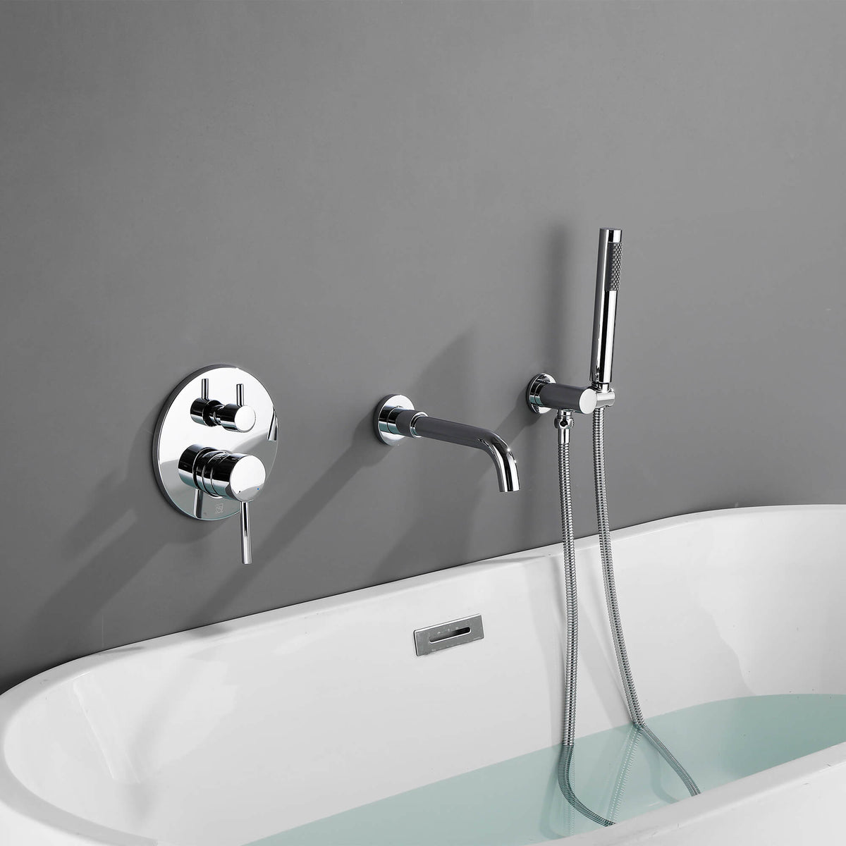Wall-Mounted Tub Faucet with Hand Shower & 360° Swivel Spout