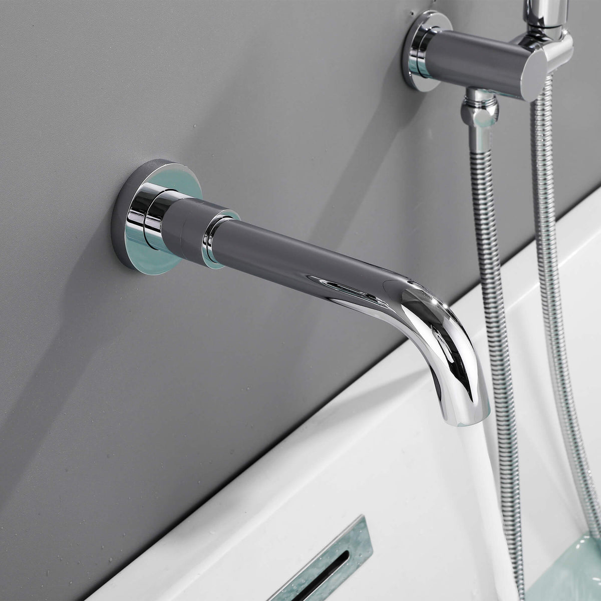 Wall-Mounted Tub Faucet with Hand Shower & 360° Swivel Spout