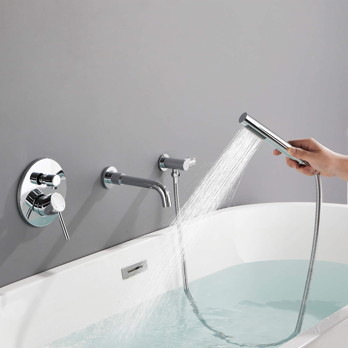 Wall-Mounted Tub Faucet with Hand Shower & 360° Swivel Spout
