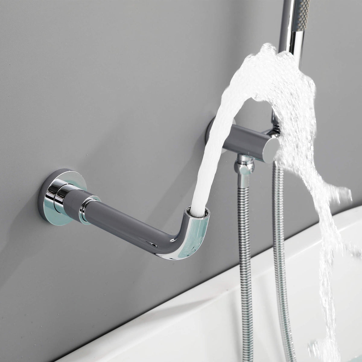 Wall-Mounted Tub Faucet with Hand Shower & 360° Swivel Spout
