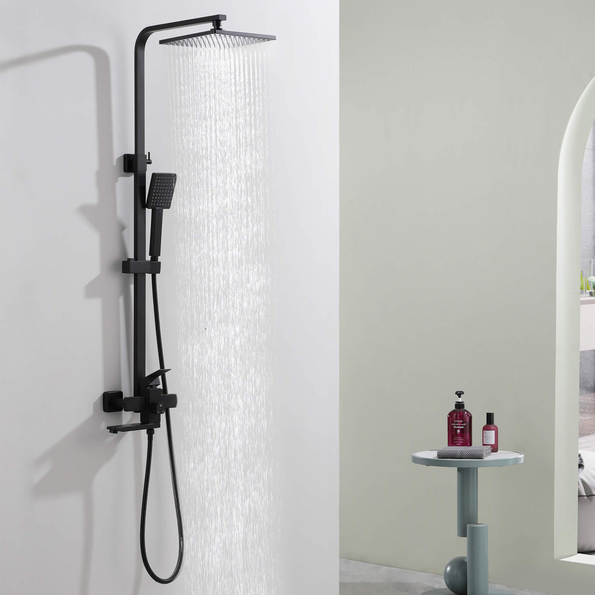 3-Function Shower System with Rainfall Head Handheld Shower and 180 Degree Folding Tub Spout