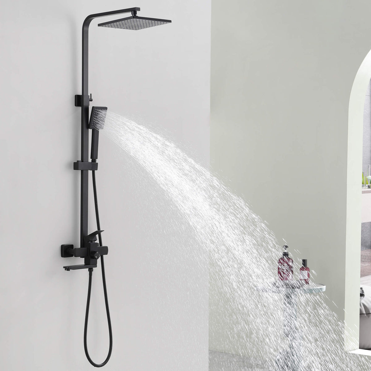 3-Function Shower System with Rainfall Head Handheld Shower and 180 Degree Folding Tub Spout
