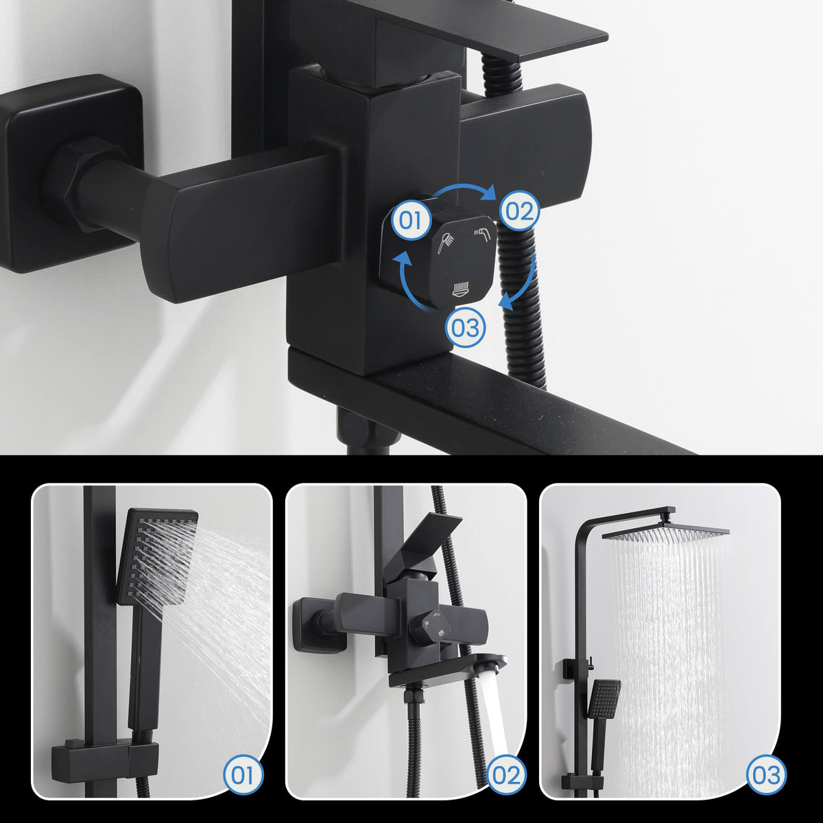 3-Function Shower System with Rainfall Head Handheld Shower and 180 Degree Folding Tub Spout