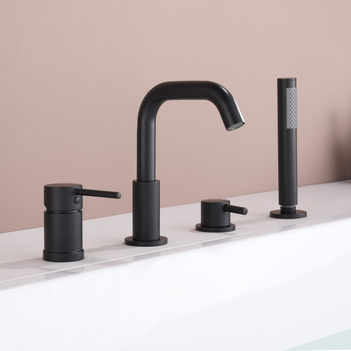 4-Hole Roman Tub Filler with Hand Shower Deck-Mounted Bathtub Faucet