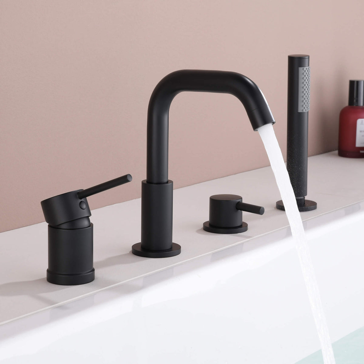 4-Hole Roman Tub Filler with Hand Shower Deck-Mounted Bathtub Faucet