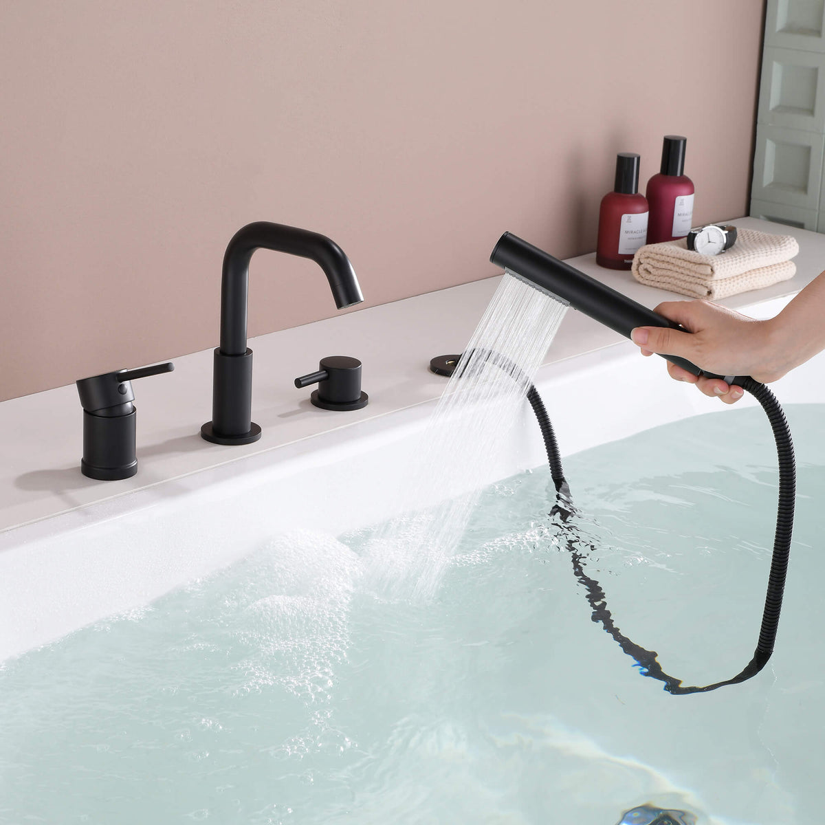 4-Hole Roman Tub Filler with Hand Shower Deck-Mounted Bathtub Faucet