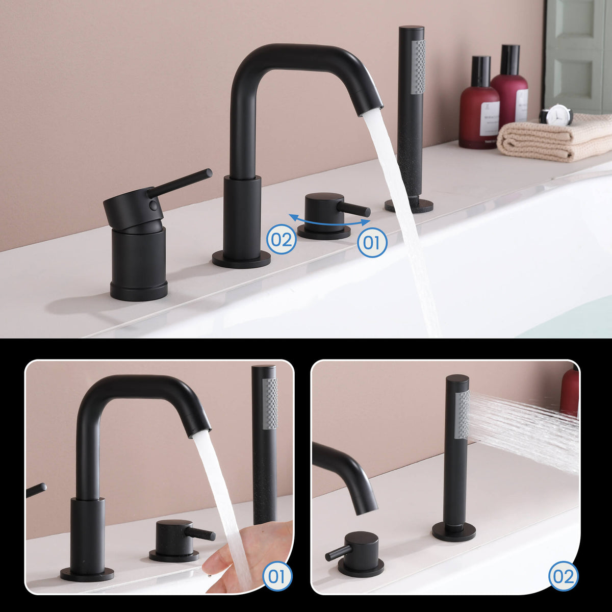 4-Hole Roman Tub Filler with Hand Shower Deck-Mounted Bathtub Faucet