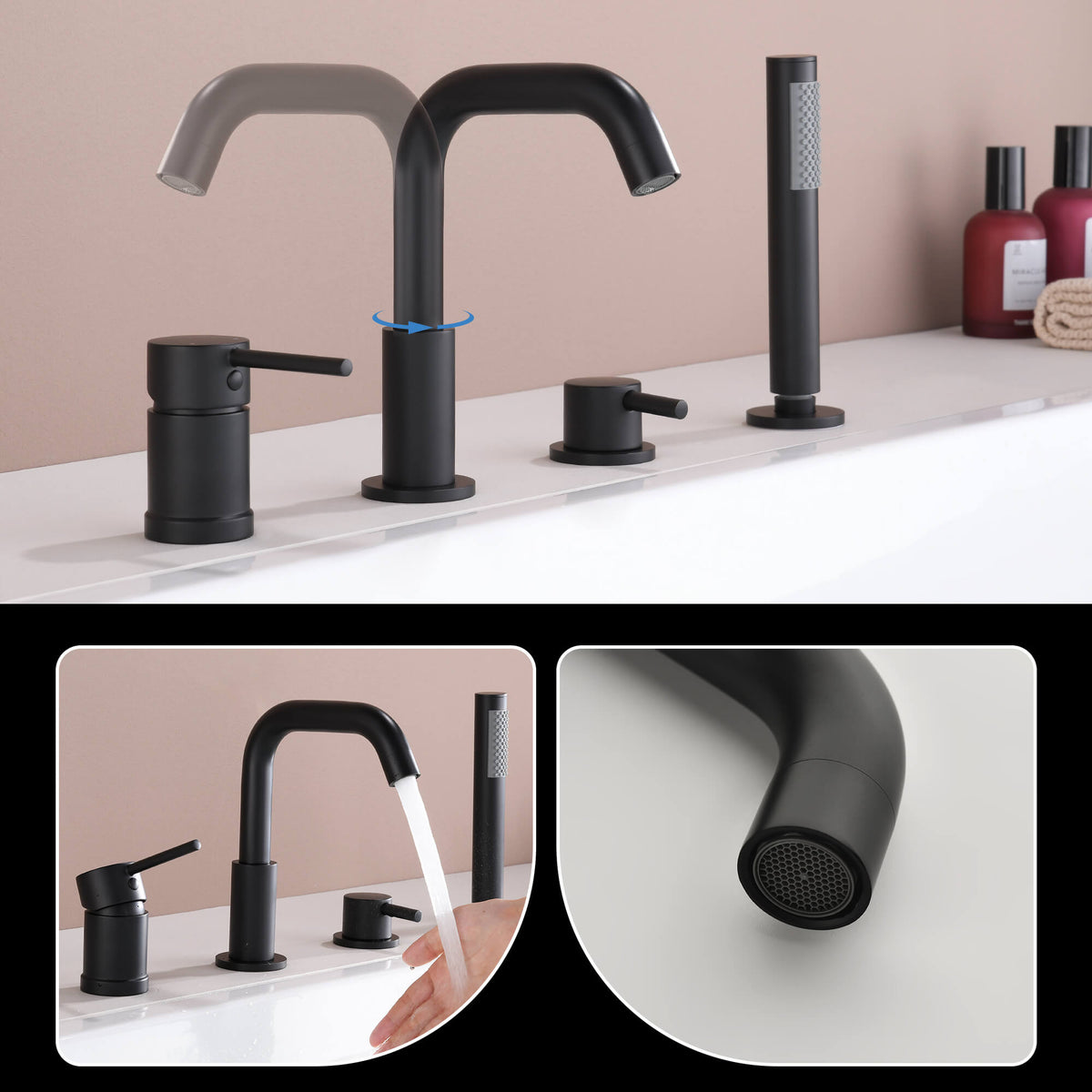 4-Hole Roman Tub Filler with Hand Shower Deck-Mounted Bathtub Faucet