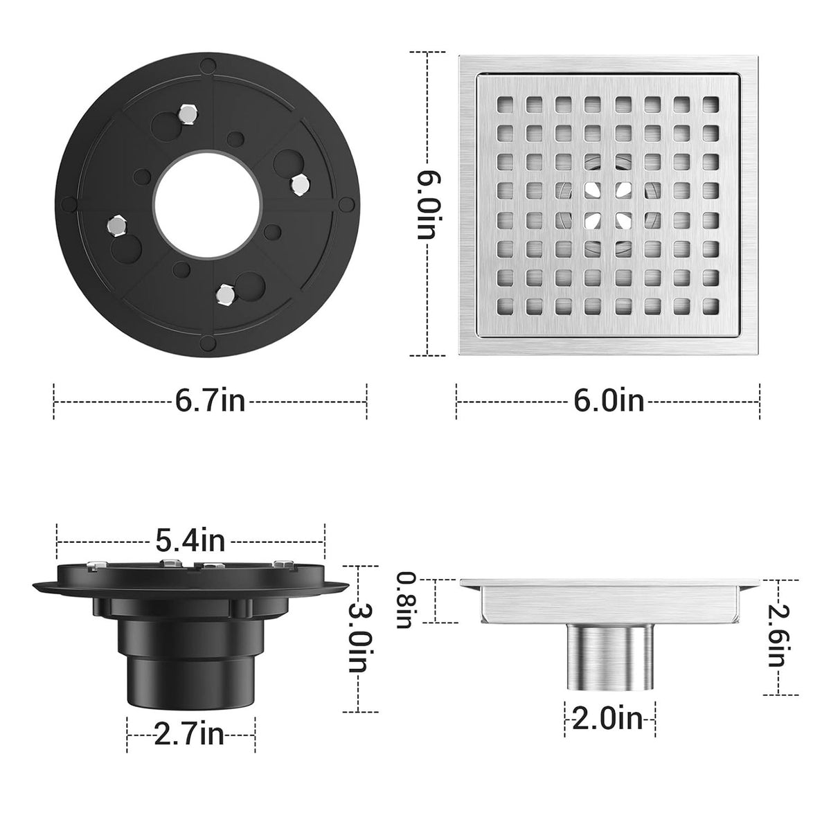 6-Inch Shower Drain with Removable Grid and Flange