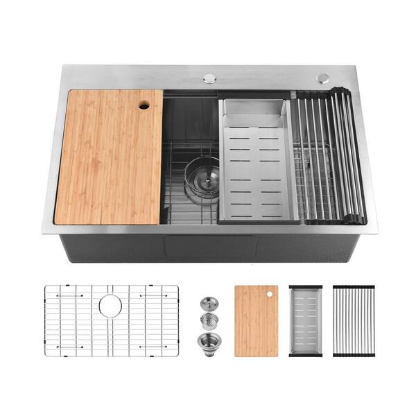 33-Inch Drop In Stainless Steel Kitchen Sink Single Bowl Workstation Sink