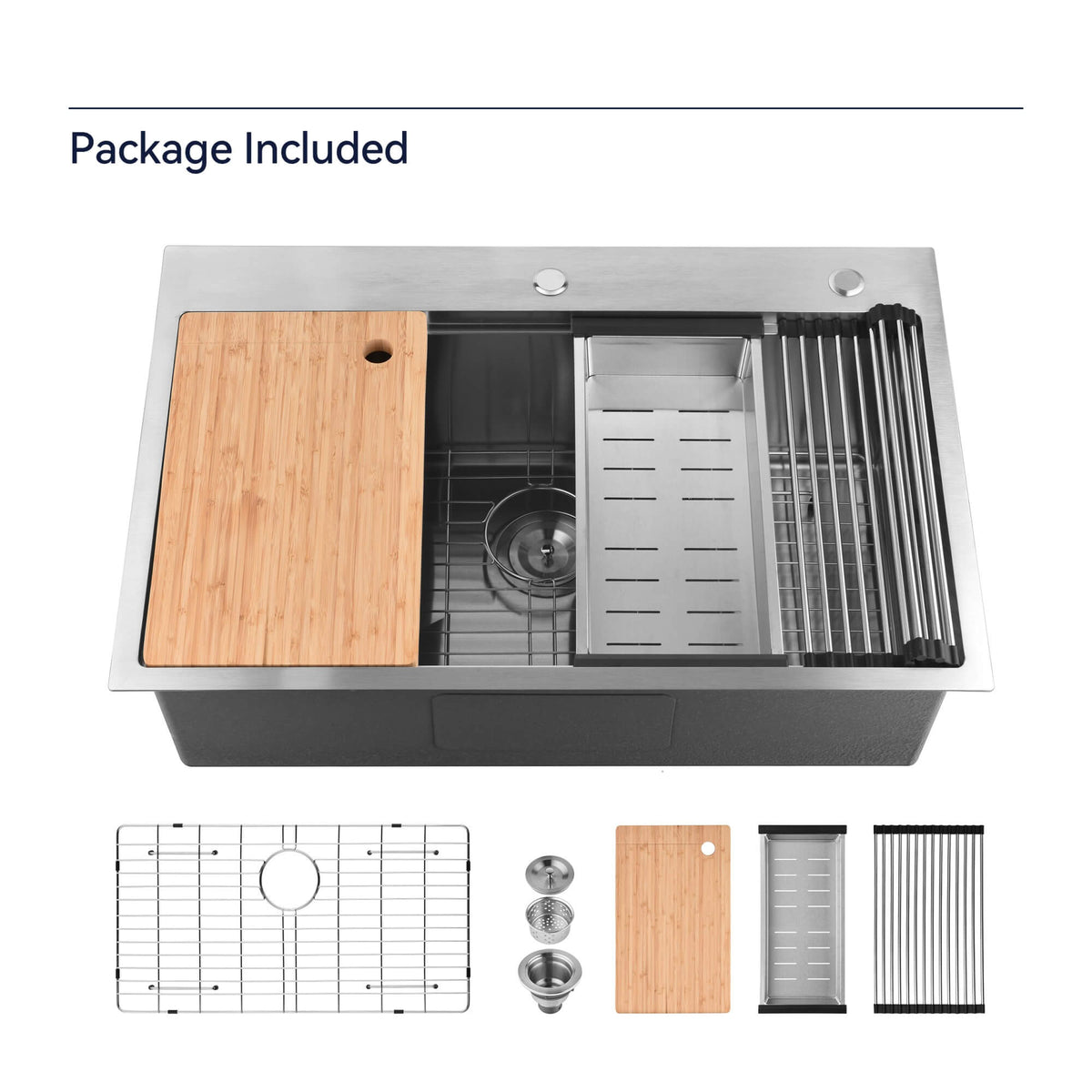 33-Inch Drop In Stainless Steel Kitchen Sink Single Bowl Workstation Sink