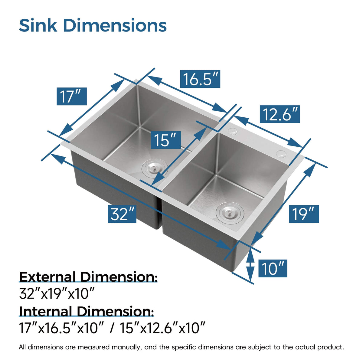 32-Inch Undermount Double Bowl Stainless Steel Kitchen Sink with Drain and Hook