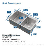 32-Inch Undermount Double Bowl Stainless Steel Kitchen Sink with Drain and Hook