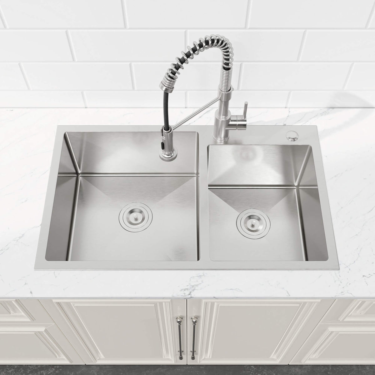 32-Inch Undermount Double Bowl Stainless Steel Kitchen Sink with Drain and Hook