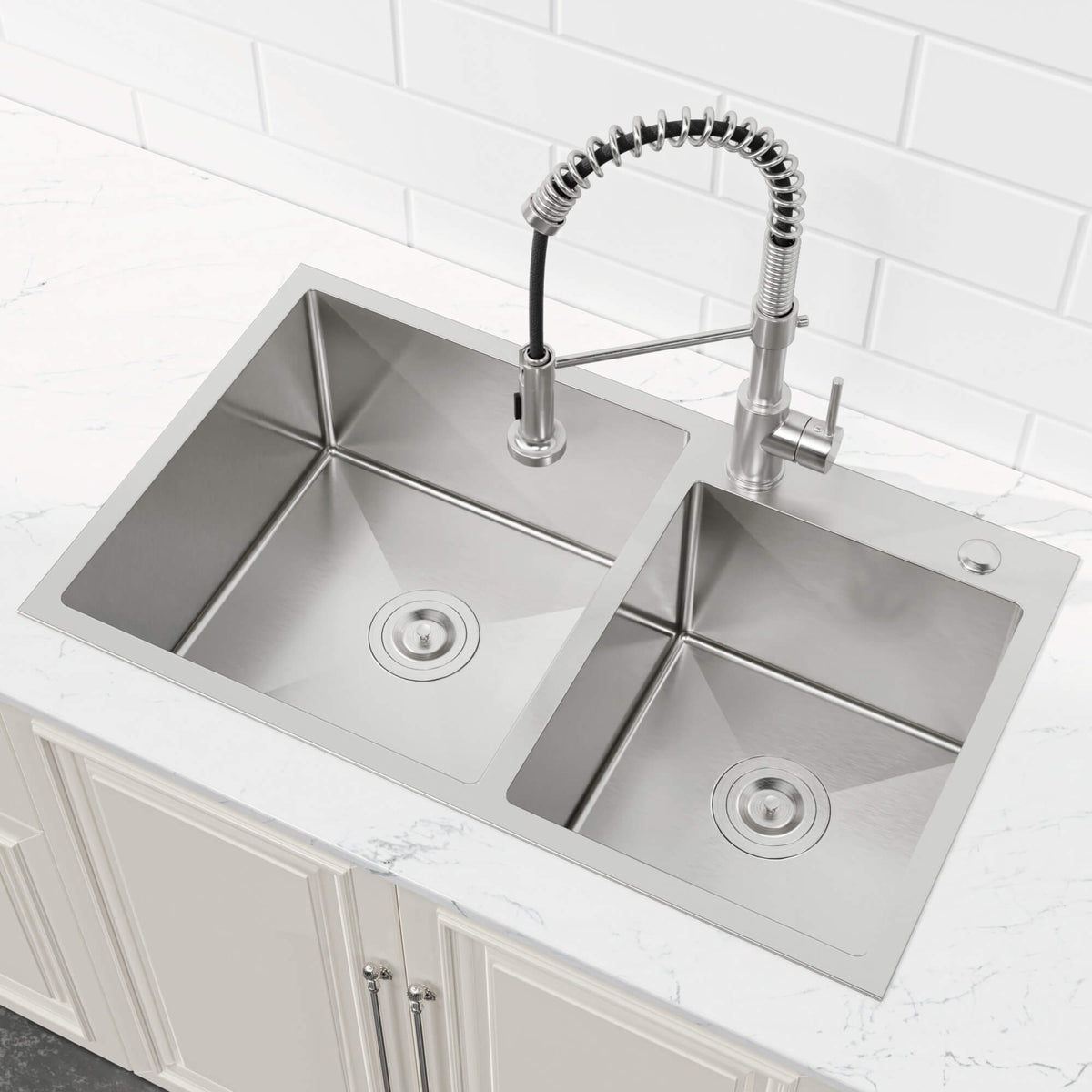 32-Inch Undermount Double Bowl Stainless Steel Kitchen Sink with Drain and Hook