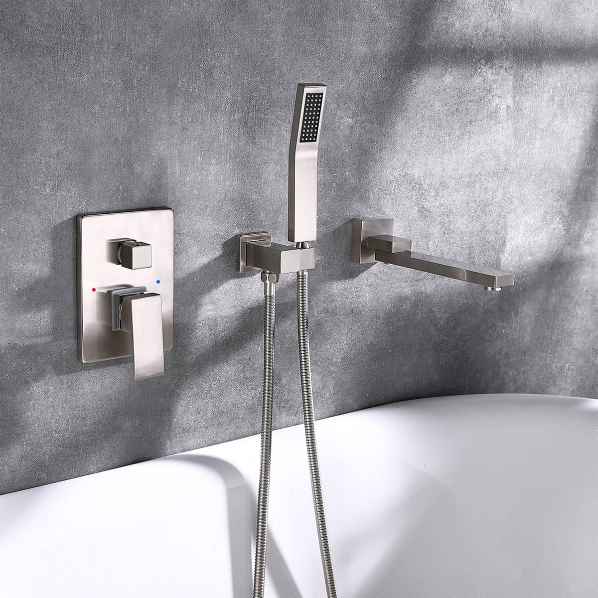 Wall-Mounted Bathtub Faucet with Hand Shower and Minimalist Control Panel