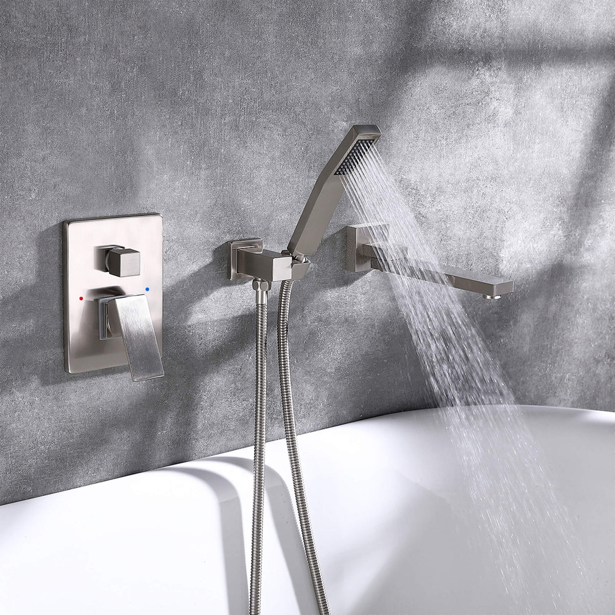 Wall-Mounted Bathtub Faucet with Hand Shower and Minimalist Control Panel