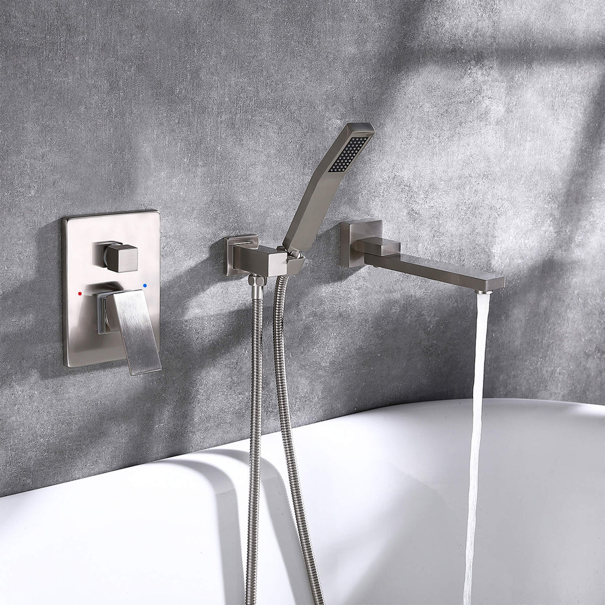 Wall-Mounted Bathtub Faucet with Hand Shower and Minimalist Control Panel