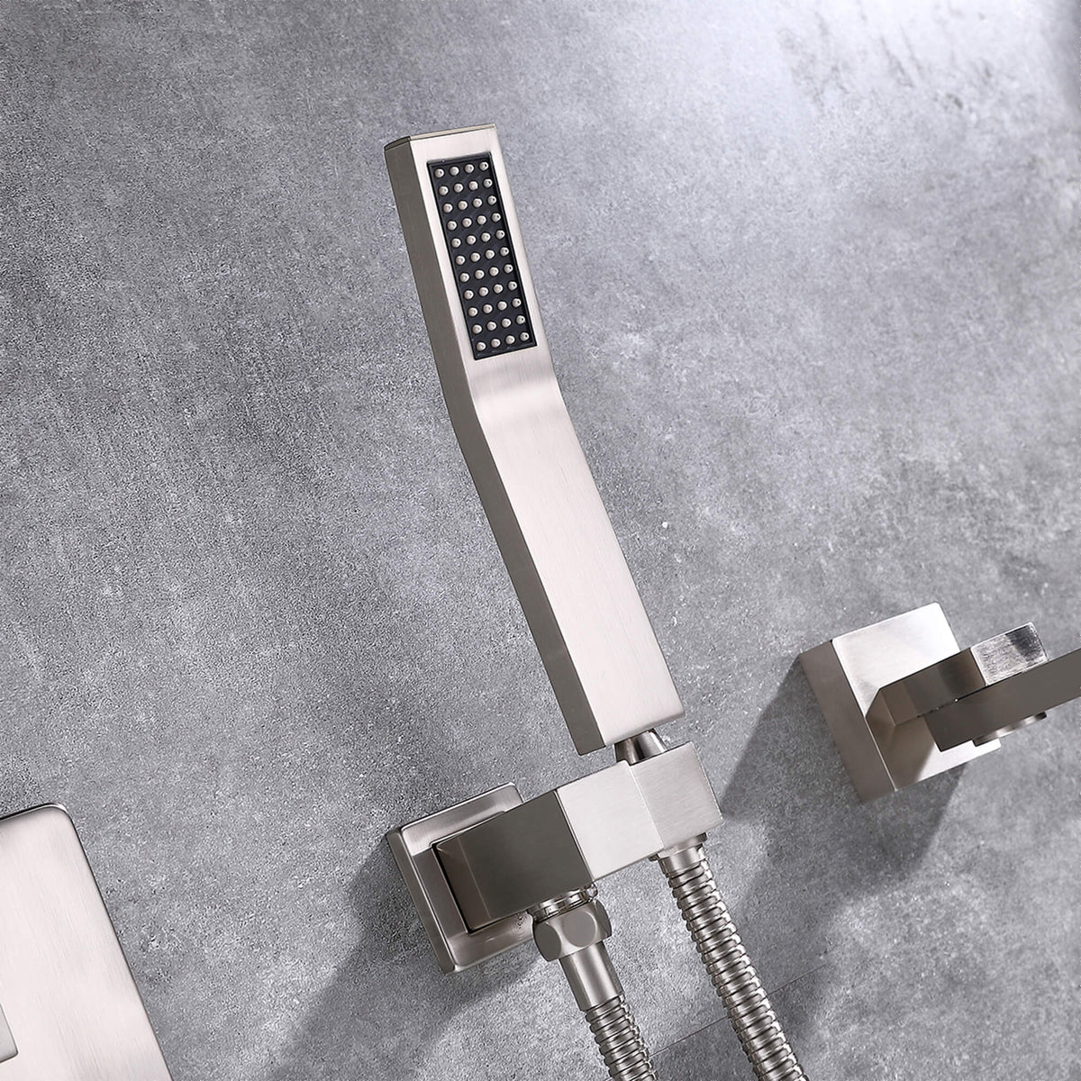 Wall-Mounted Bathtub Faucet with Hand Shower and Minimalist Control Panel