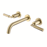 Wall Mount Bathroom Sink Faucet 2 Handle Solid Brass Brushed Gold RB0736