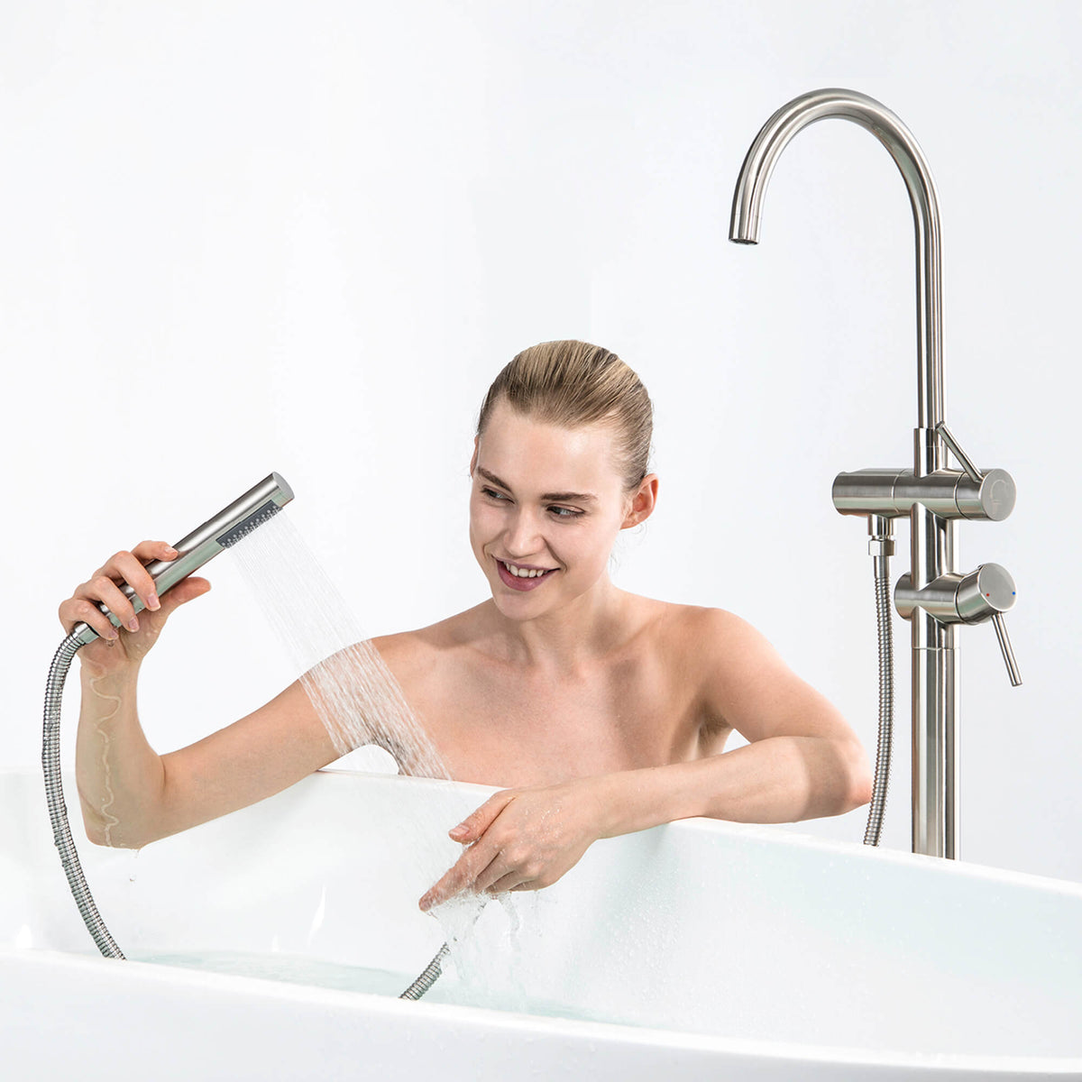 Freestanding Bathtub Faucet with Handheld Shower 304 Stainless Steel Tub Filler