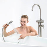 Freestanding Tub Filler with Handheld Shower Wand and Minimalist Design