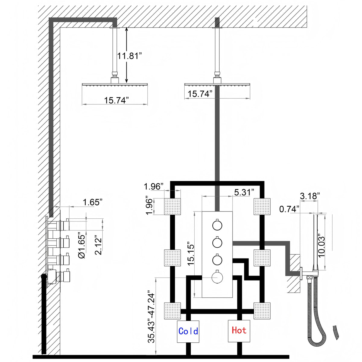 Ceiling-Mounted Thermostatic Shower with 6 Body Jets