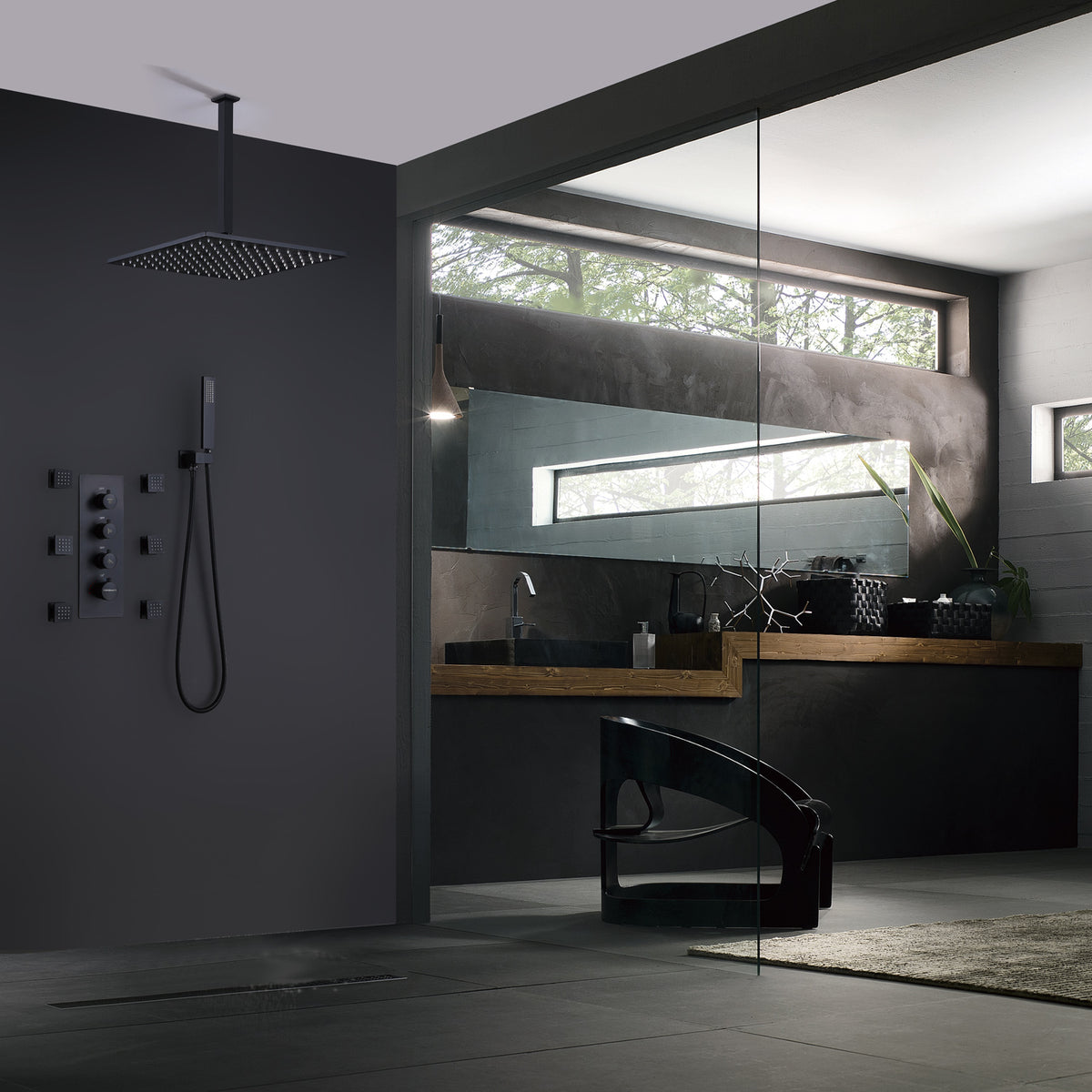 Ceiling-Mounted Thermostatic Shower with 6 Body Jets