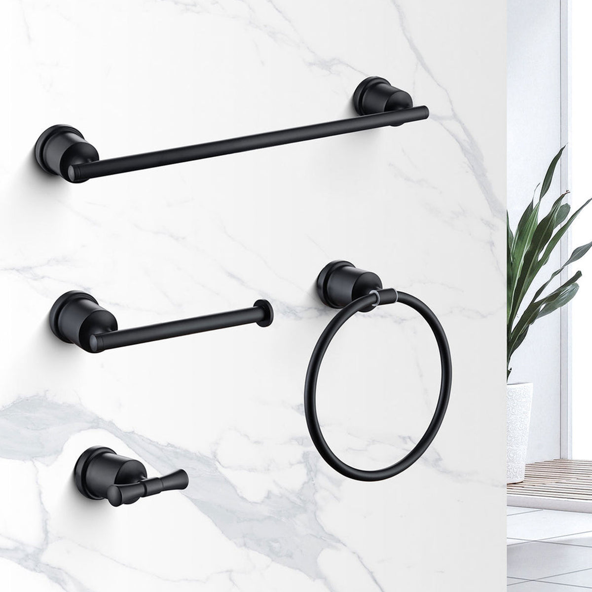 Wall-Mounted Matte Black 4-Piece Bathroom Hardware Set with Rounded Design
