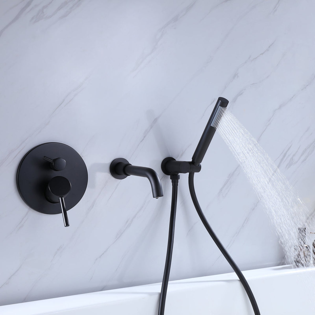 Wall-Mounted Tub Faucet with Hand Shower & 360° Swivel Spout