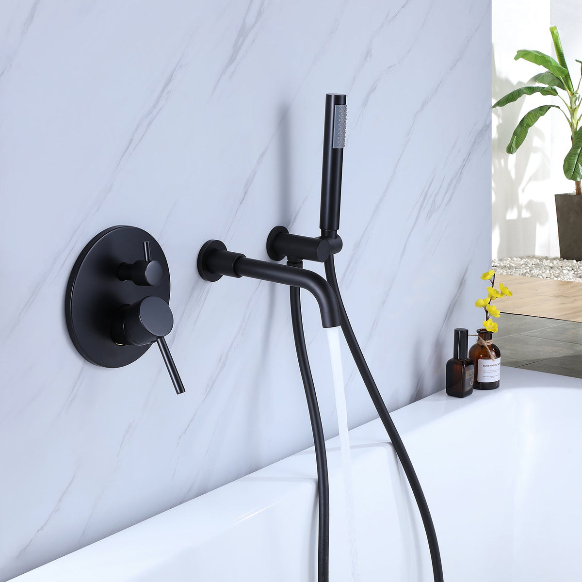 Wall-Mounted Tub Faucet with Hand Shower & 360° Swivel Spout