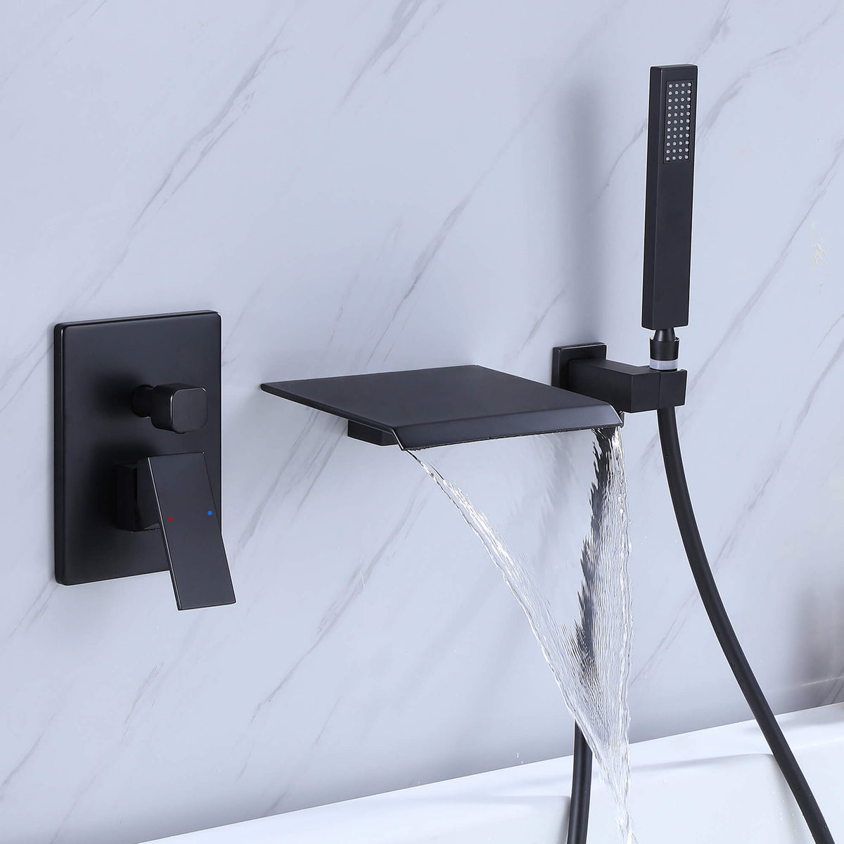 Wall-Mounted Waterfall Bathtub Faucet with Shelf and Handheld Shower