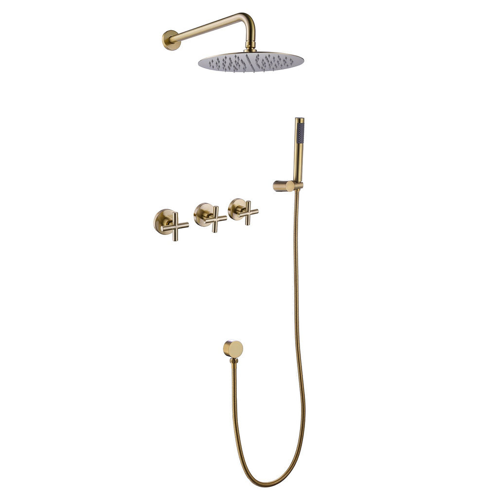 10" Brushed Gold Shower System – 3-Function Rainfall Shower Head With Hand Sprayer & Waterfall Bath Spout