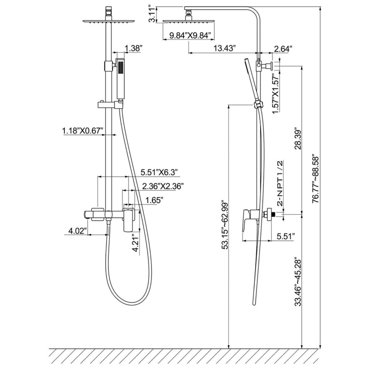 3-Function Rain Shower System with High Pressure Head and Adjustable Handheld Spray
