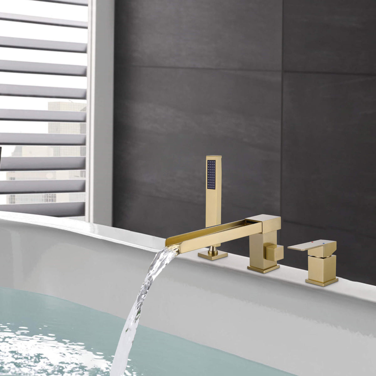 Single Handle Deck-Mounted Tub Filler with Hand Shower and Certified Valve